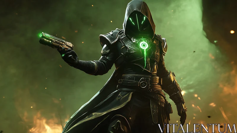 Hooded void gunslinger with neon green sigil burning bright.