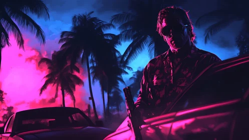Neon lit gunman beside car under tropical palm trees.