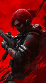 Tactical marksman in crimson turbulence, high-detail render.