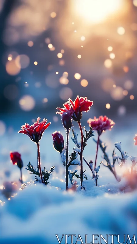 Backlit red wildflowers emerge through snow in soft bokeh glow
