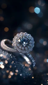 Macro photograph shows diamond ring with concentric halo setting
