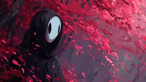 Hooded spirit figure in stylized crimson forest environment.