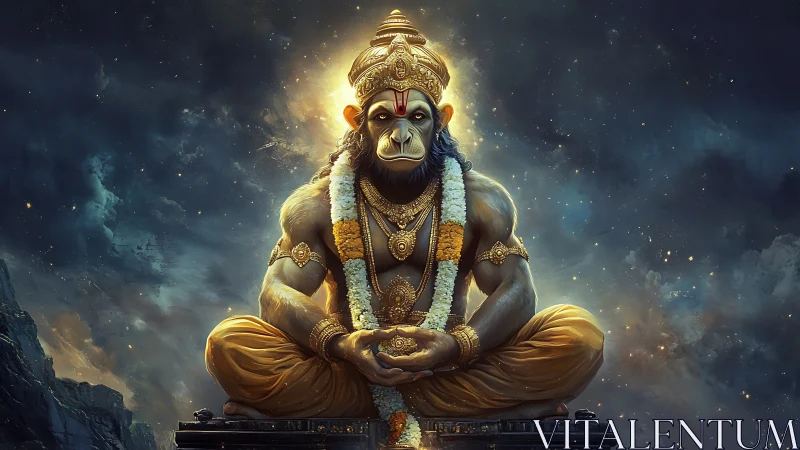 Celestial monkey deity in radiant golden meditation glow.