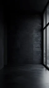 Dark minimalist interior with large floor to ceiling window.