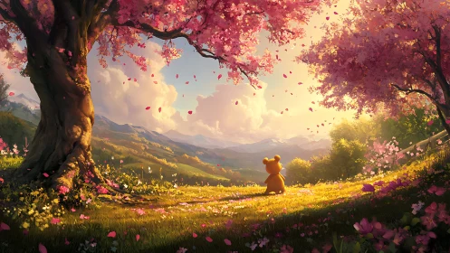 Bear cub gazes across sunlit valley beneath cherry blossoms.