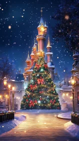 Midnight snowfall crowns a storybook castle Christmas dream