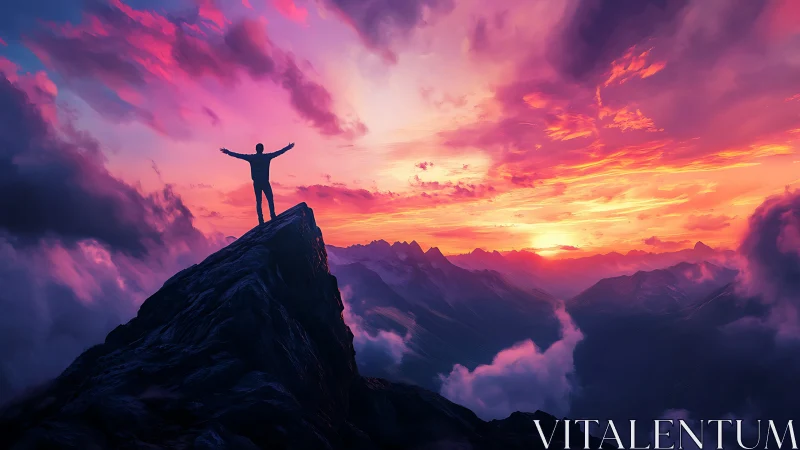 Solitary figure on rocky peak under vivid sunset sky.