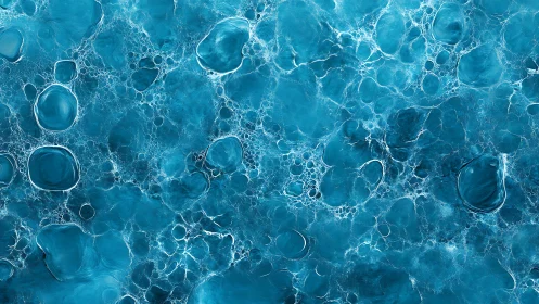 Blue liquid surface shows clustered bubbles and organic cells