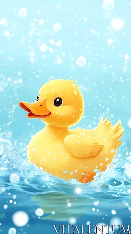 Playful yellow duckling splashing through luminous water.