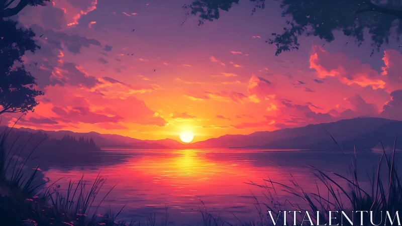 Sunset illuminates tranquil lake with vivid orange clouds