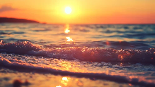 Sunlit ocean waves roll toward shore under low sunset