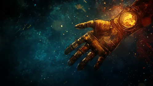 Golden armored hand floating in deep cosmic space field