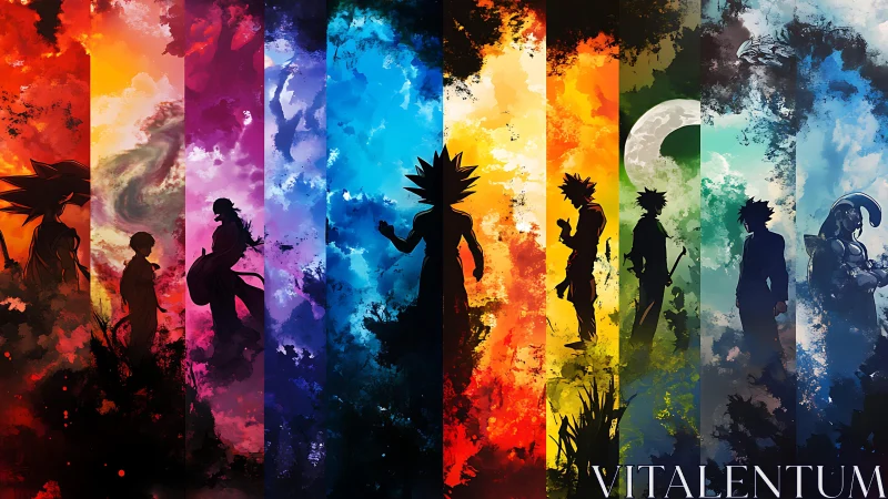 Silhouetted anime warriors stand within a vibrant color spectrum