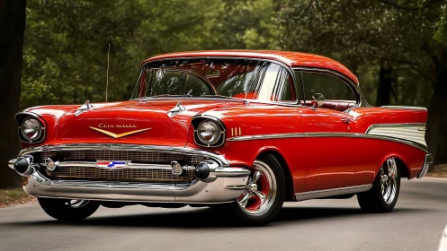 Restored 1957 red Chevrolet Bel Air coupe with chrome detailing