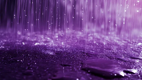 Purple rain streaks fall onto glistening reflective water surface
