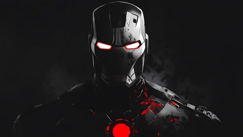 Armored cyber warrior portrait with red reactor glow.