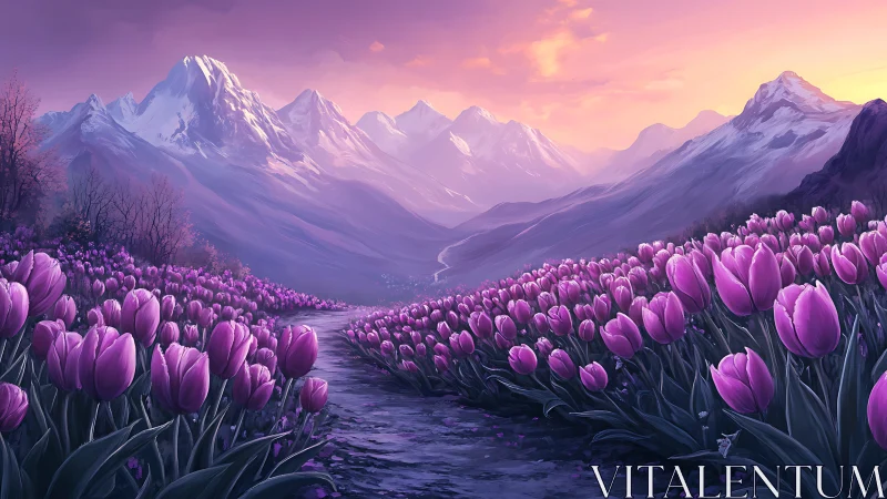 Lavender tulip valley unfolds beneath glowing alpine dawn.