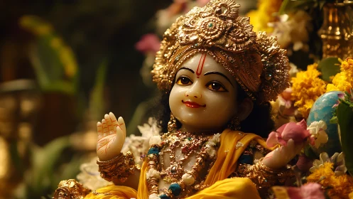 Radiant child deity statue bathed in soft golden light.