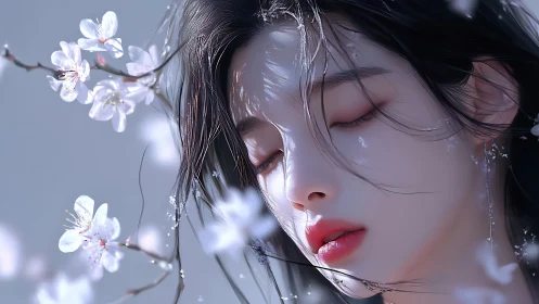 Female face with closed eyes framed by pale blossom branches
