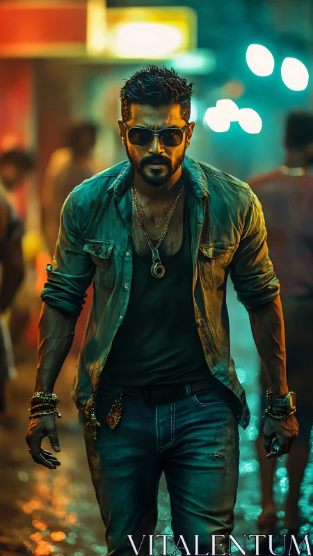 Man in casual streetwear walking through wet night alley.