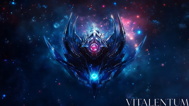 Symmetrical crystalline emblem in deep cosmic space.