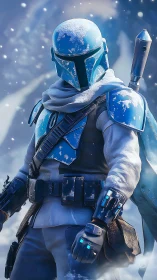 3D armored bounty hunter in icy environmental portraiture.