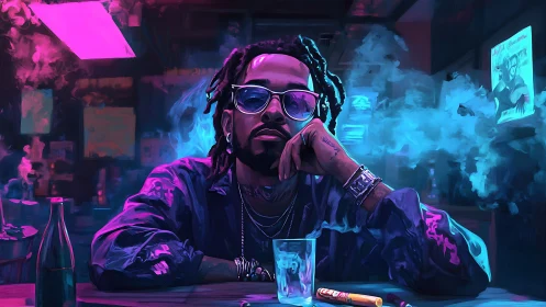 Man in neon lit bar leans on table amid dense blue smoke