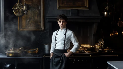 Midnight chef poised amid gleaming brass and drifting steam.