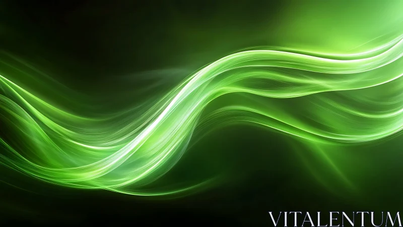 Luminous green light waves over dark abstract background.