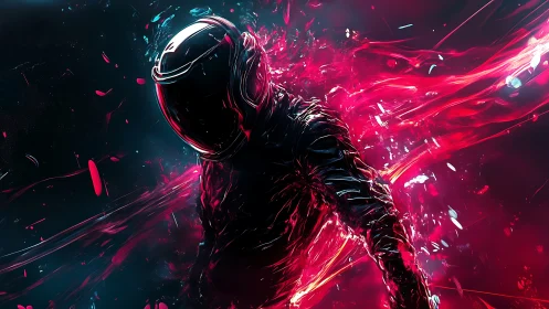 Figure in reflective suit stands amid flowing red fragments