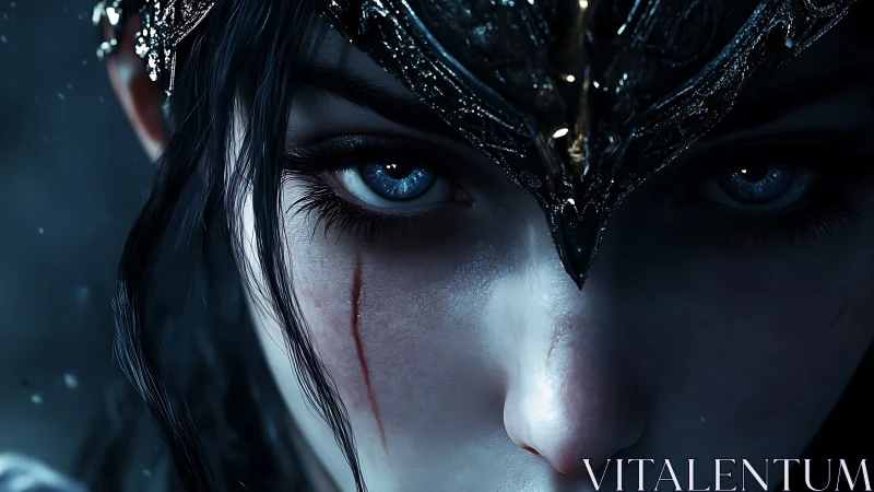 Close frontal view of armored fantasy woman with scarred face.