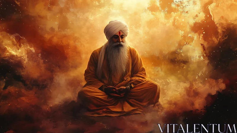 Mystic elder meditating within incandescent cosmic nebula field