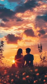 Two figures silhouetted against dramatic golden sunset sky.