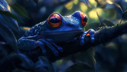 Moonlit tree frog rests on a glowing jungle branch