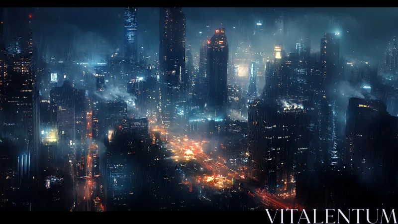 Neon rainstorms drape a restless cyberpunk night skyline.