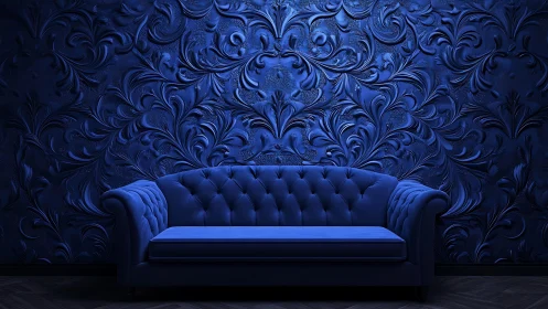 Blue upholstered sofa before ornate monochrome wall surface.