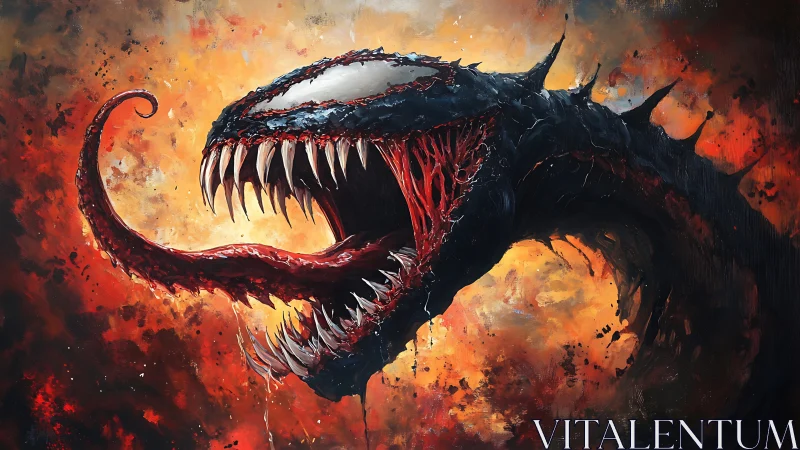 Monstrous black creature with fanged maw against firestorm