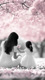 Mother and Daughter Under Blooming Cherry Tree.