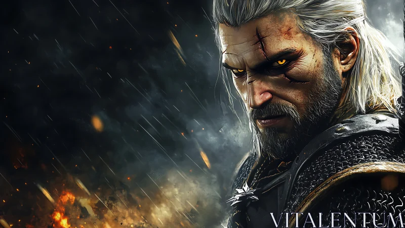 Weathered monster hunter framed by sparks and stormlight.