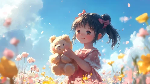 Warm light on girl with teddy bear in pastel flower field.