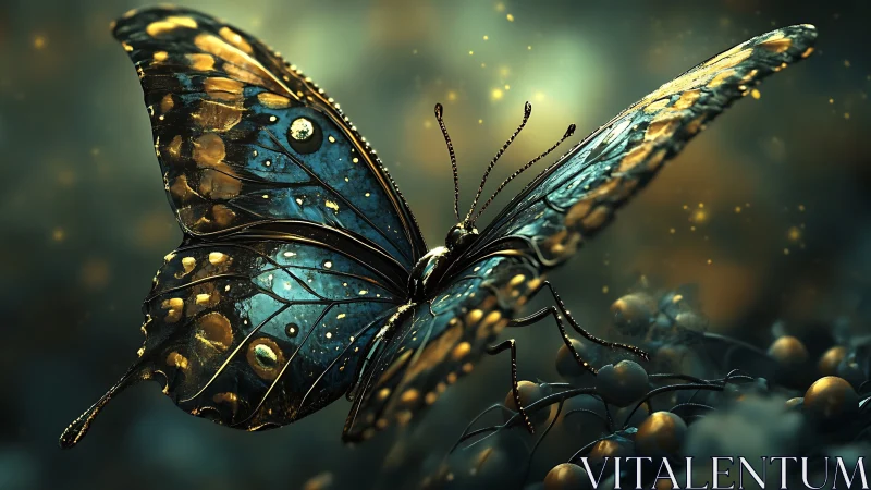 Bioluminescent macro butterfly rendered with cinematic depth of field.