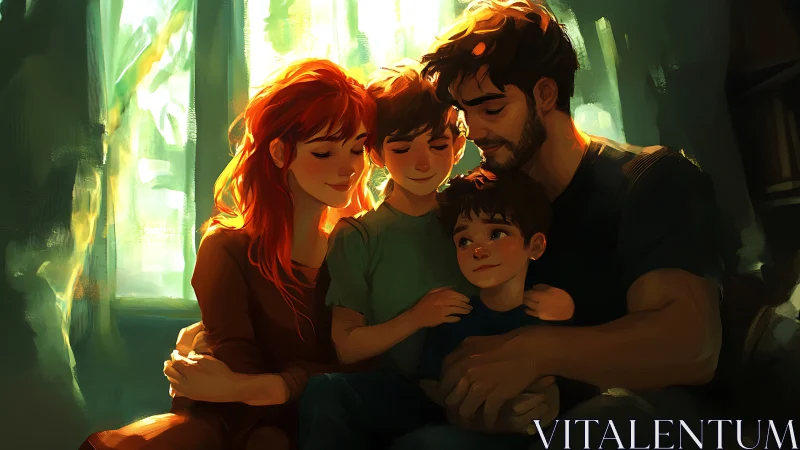 Family Gathered in Luminous Green Interior Space