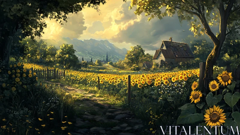 Sunlit sunflower path winding toward a quiet country cottage.