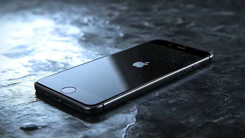 Contemporary Smartphone on Textured Stone Surface with Atmospheric Lighting.