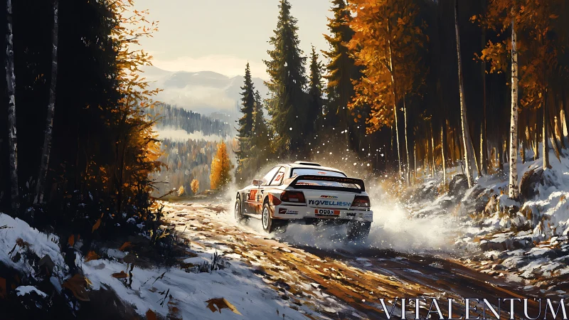 Rally beast carves snowy autumn forest trail with fury.