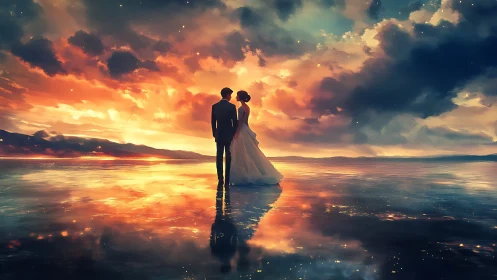 Bride and groom embrace beneath dramatic golden sunset.