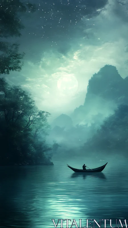 Moon-drowned River Voyage beneath whispering emerald mist.
