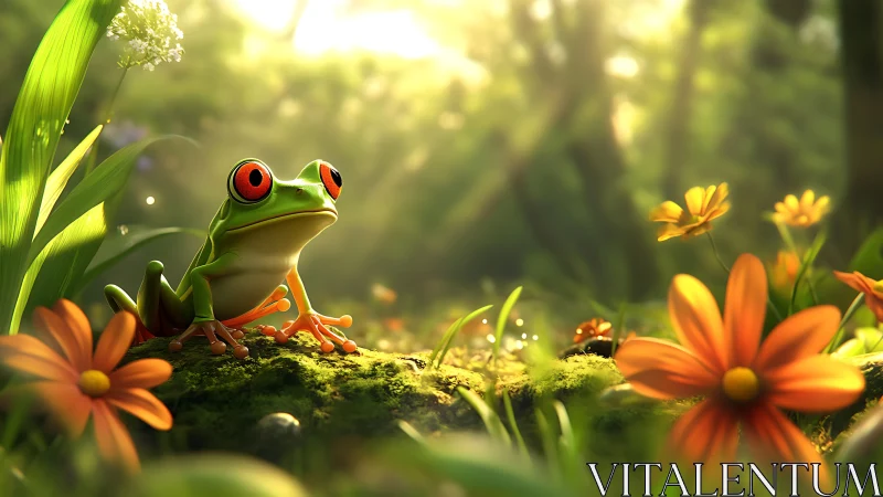 Red-eyed tree frog on mossy log in glowing forest meadow.