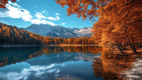 Mountain lake mirrors vivid autumn forest and bright sky.