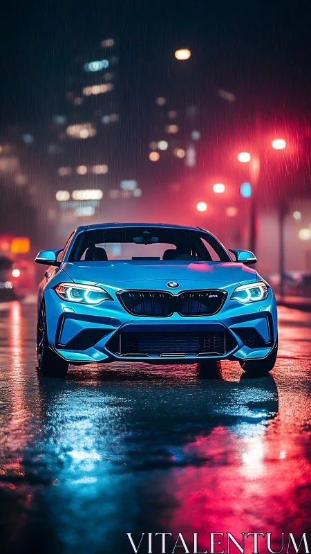 Neon-illuminated performance coupe in reflective urban rainfall.